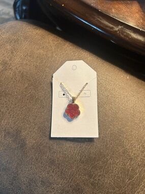 Gold Chain Necklace with Red Flower Pendant - Women's Jewelry